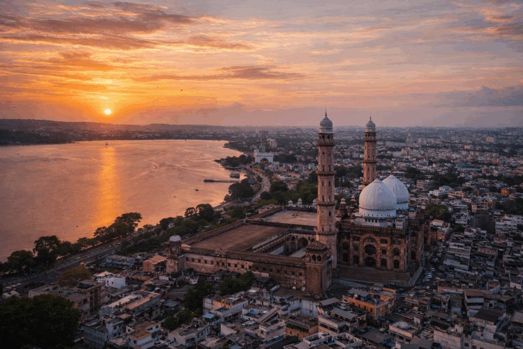 Bhopal skyline with Upper Lake at sunset, reflecting city environment and vehicle care needs.