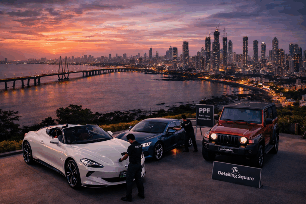 Mumbai skyline at sunset with premium cars receiving professional car detailing and paint protection by The Detailing Square.