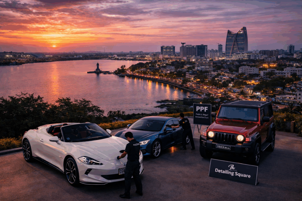 Raipur city skyline at sunset with premium cars receiving professional car detailing and paint protection by The Detailing Square.