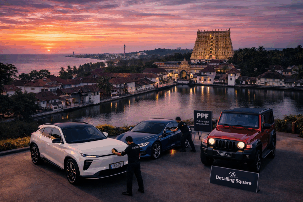 Premium car detailing and paint protection services by The Detailing Square showcasing protected vehicles in an urban coastal environment.