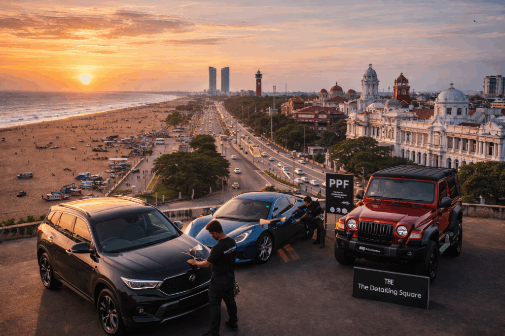 Premium car detailing in Chennai with protected vehicles overlooking Marina Beach, showcasing paint protection and detailing excellence by The Detailing Square.