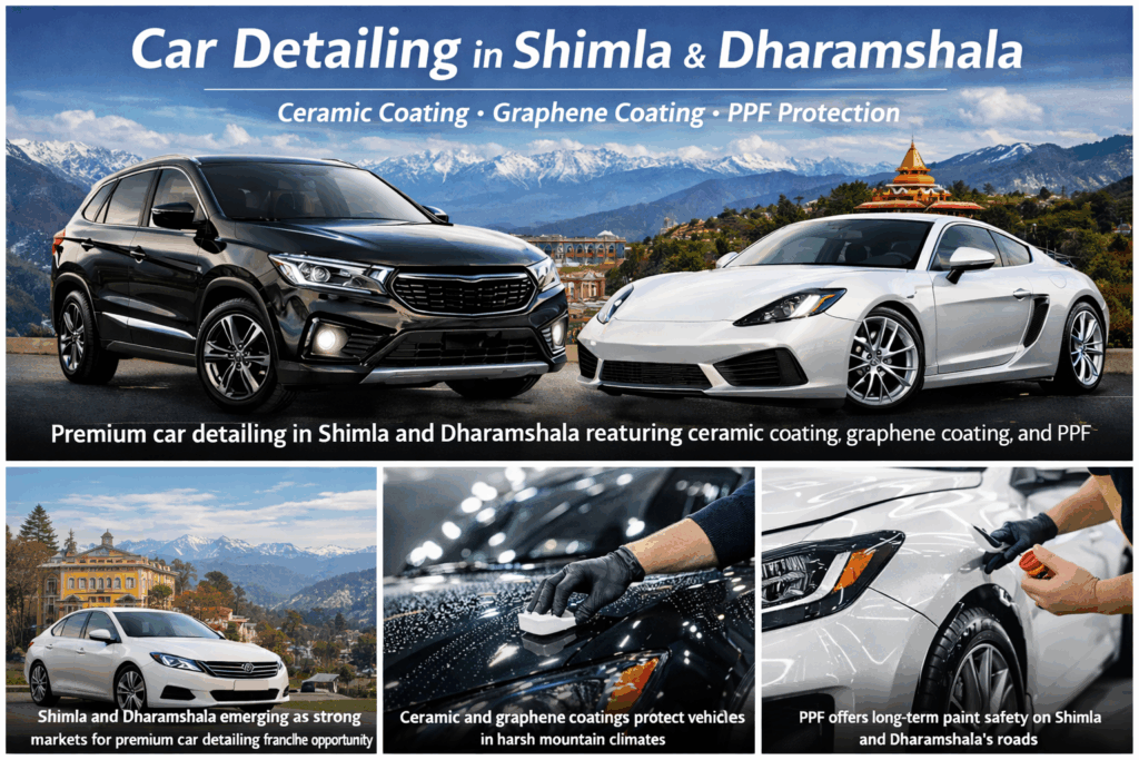 Premium car detailing in Shimla and Dharamshala featuring ceramic coating, graphene coating, and paint protection film services in hill conditions